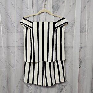 NWT Topshop Black Cream Striped Off Shoulder Layered Shorts Romper Size 6